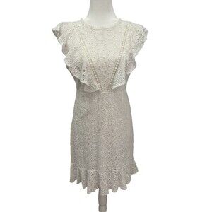 Exquiss's Dress Womens Large White Mini Ruffle‎ Hem Eyelet Cotton Flattering